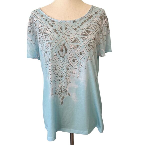 Chicos M/8 Soft Blue and Grey w/ Blue Rhinestone Bling Short Sleeve T Shirt - Picture 1 of 8